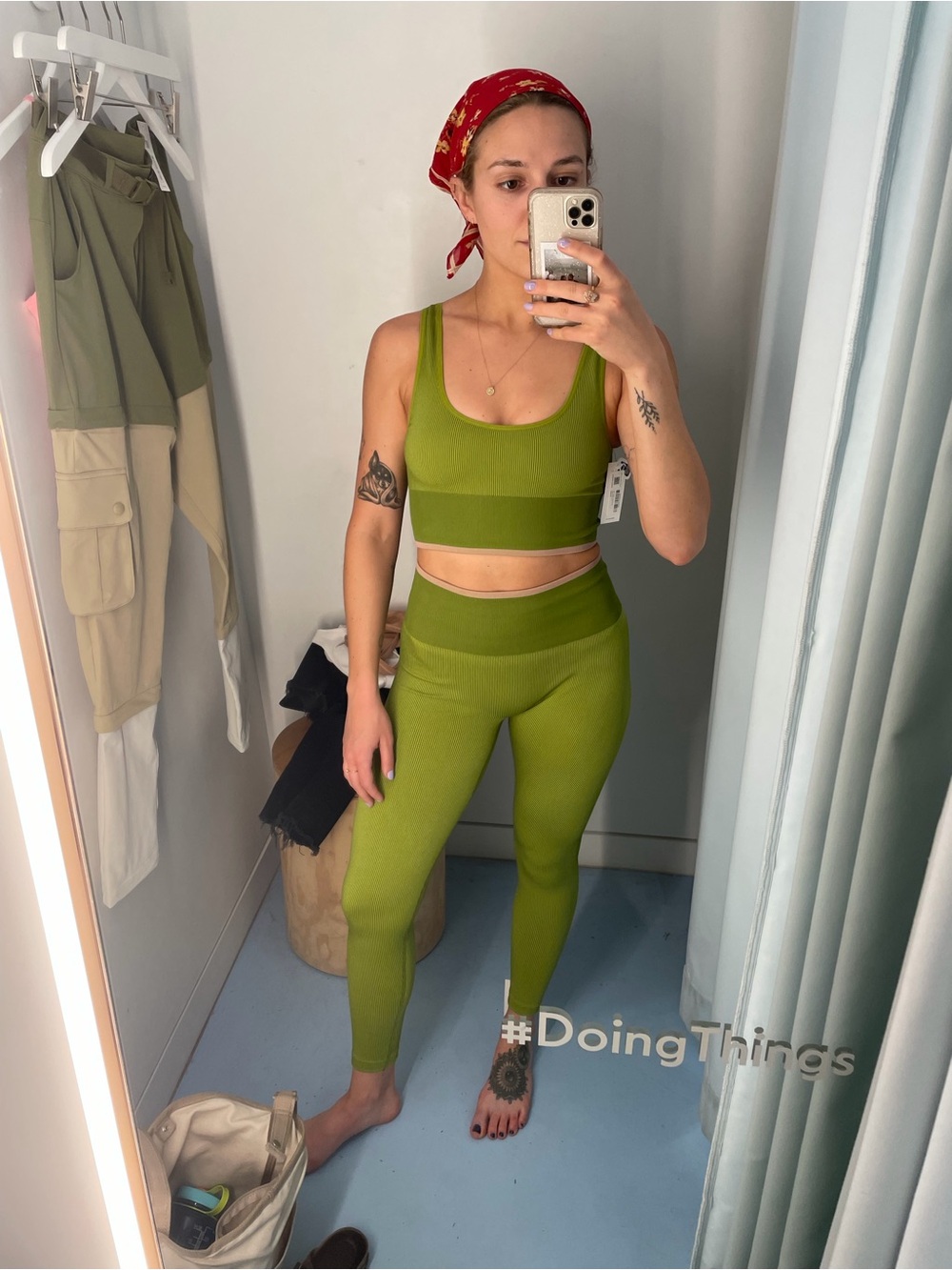 Outdoor Voices Seamless Rib Longline Tank in Olive / Pink